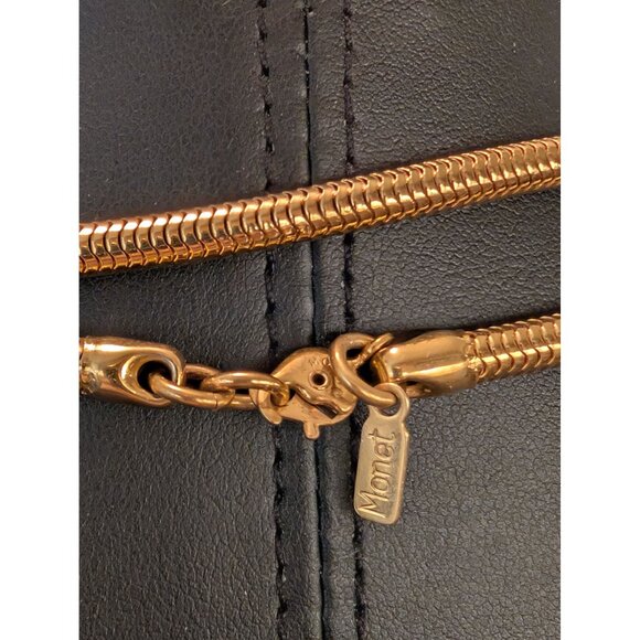 Rare Monet Snake Chain Necklace W/ Silver-Toned Ribbed Pendant & Rhinestones 34" - Picture 3 of 9